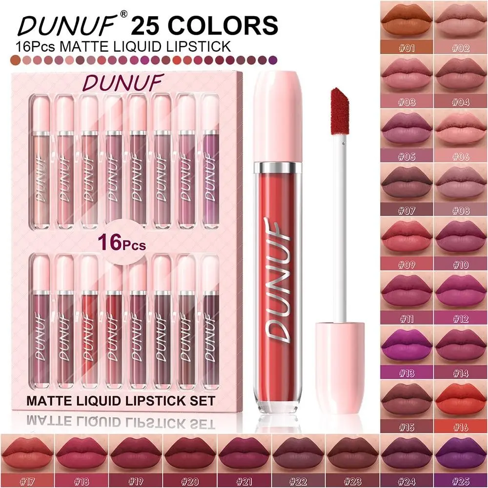 DUNUF 16-Color Matte Liquid Lipstick Set, Matte Lipsticks, Waterproof Long-Lasting Lipstick, Transfer-Proof, Highly Pigmented Lip Gloss, Smooth Texture, Retro Shades Lip Makeup Kit, Lip Kit Sets, Lip Products Makeup