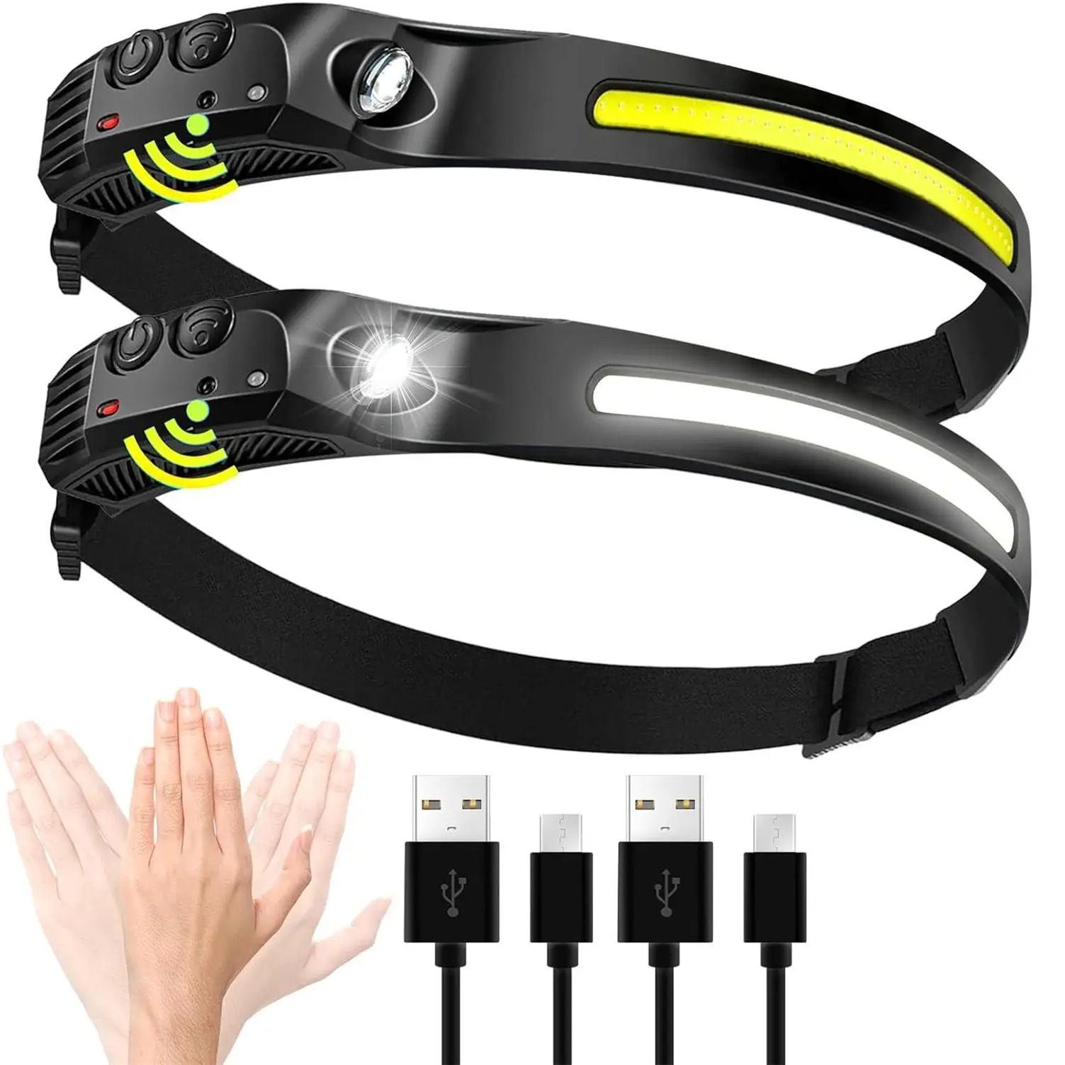 Adults' 2-Pack Rechargeable Headlamps - Cordless Portable, High Brightness, 2000mAh Battery-Powered, Motion Sensor Forehead Lights, Type-C USB Charging, Durable, Shockproof, Waterproof for Camping, Hiking