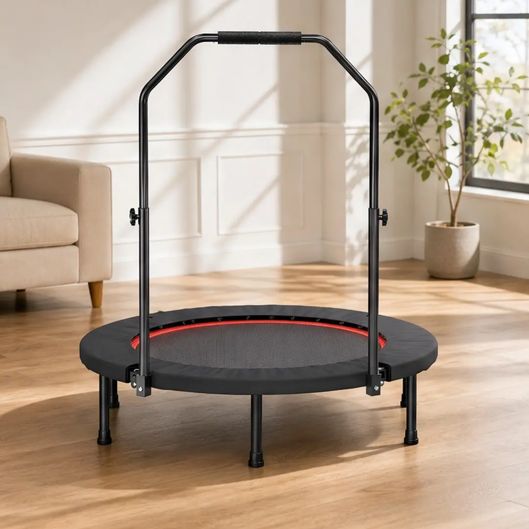 40-Inch Foldable Fitness Trampoline for Adults with Adjustable Handle Bar, Steel Frame & 36 Springs for Superior Bounce, Home Gym Workout, Space-Saving Foldable Design, 40.00" W X 40.00" D X 9 Inches, Round Fitness Trampolines, No, Home Workout, At Home G