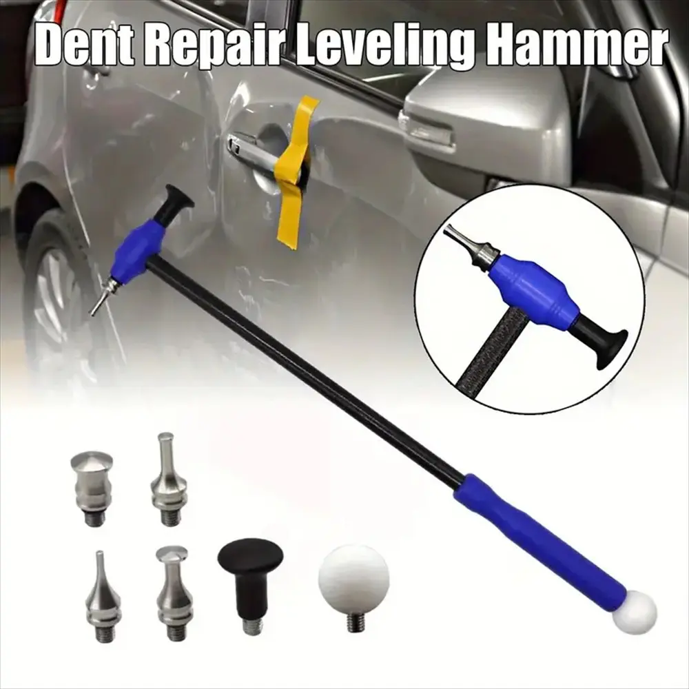 Car Dent Repair Tool Kit, Blue Hammer with 6 Replacement Tips, Durable Carbon Fiber, Portable Handheld Dent Puller Set for Car Body Repairs