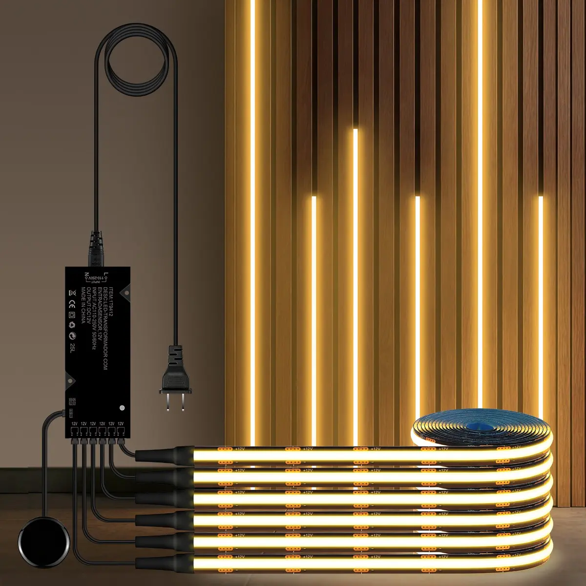 Wood Penetrable Hand Sweep Touch Sensor COB LED Light Strip DC12V Warm White For Soundproof Wall Panels & Cabinet Decoration Lighting