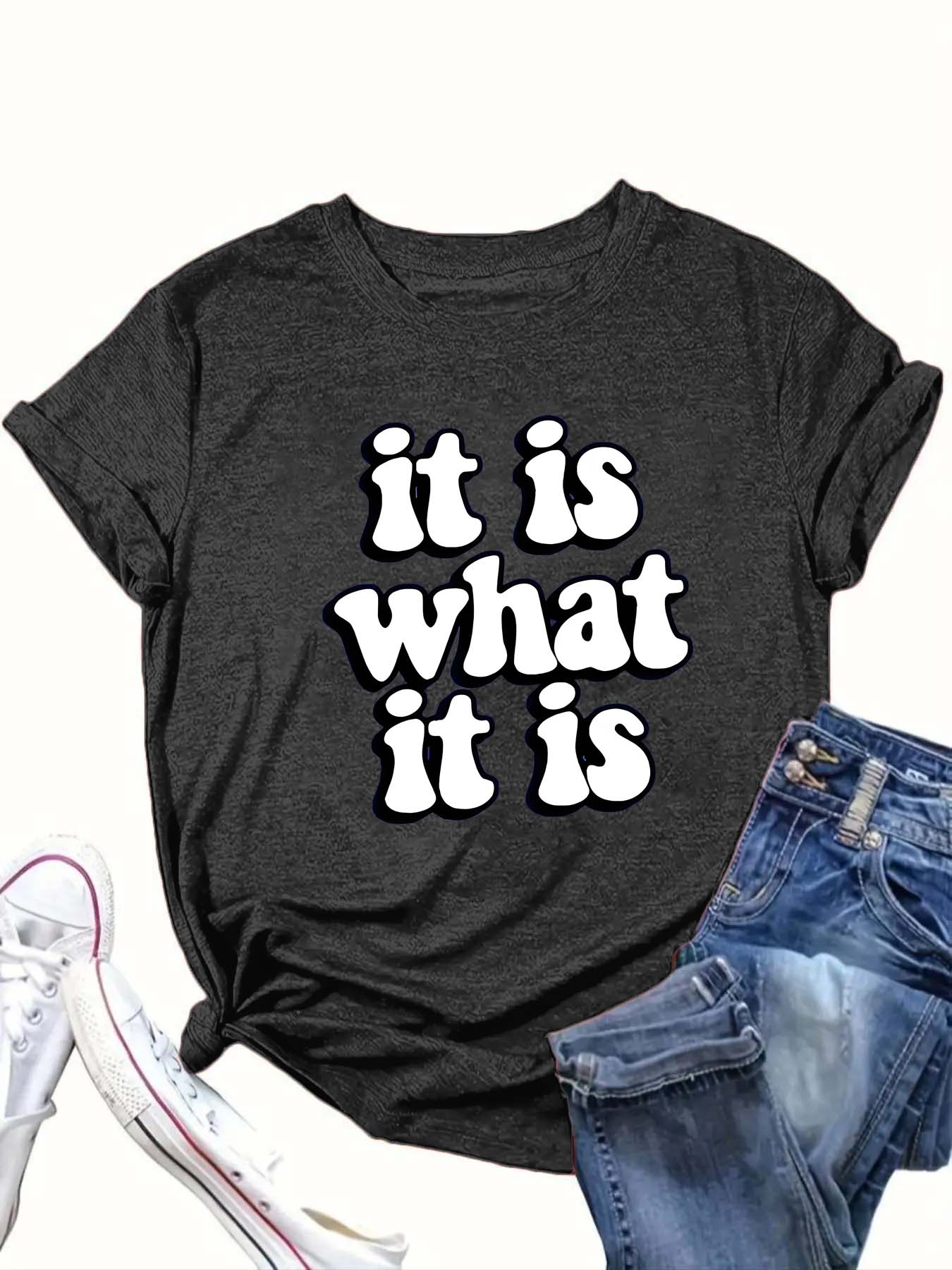 【Plus Size】 "IT IS WHAT IT IS" Print Round Neck Tee, Fashion Casual Crew Neck Short Sleeve T-shirt for Daily Outdoor Wear, Women Clothing for All Seasons