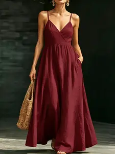 Summer New French Style Elegant Flowy Sleeveless V-Neck Backless Slimming Halter Dress, Chic and Graceful Long Dress for Women