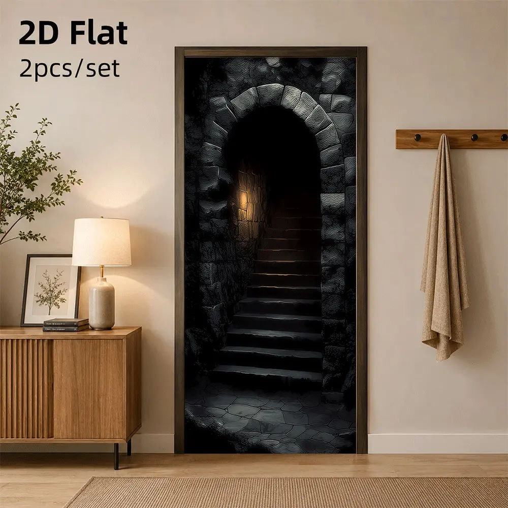 1pc Mysterious Castle Archway Door Sticker with Realistic Dark Antique Stone Wall Design, Easy-to-Install Home Decor, 2D Flat