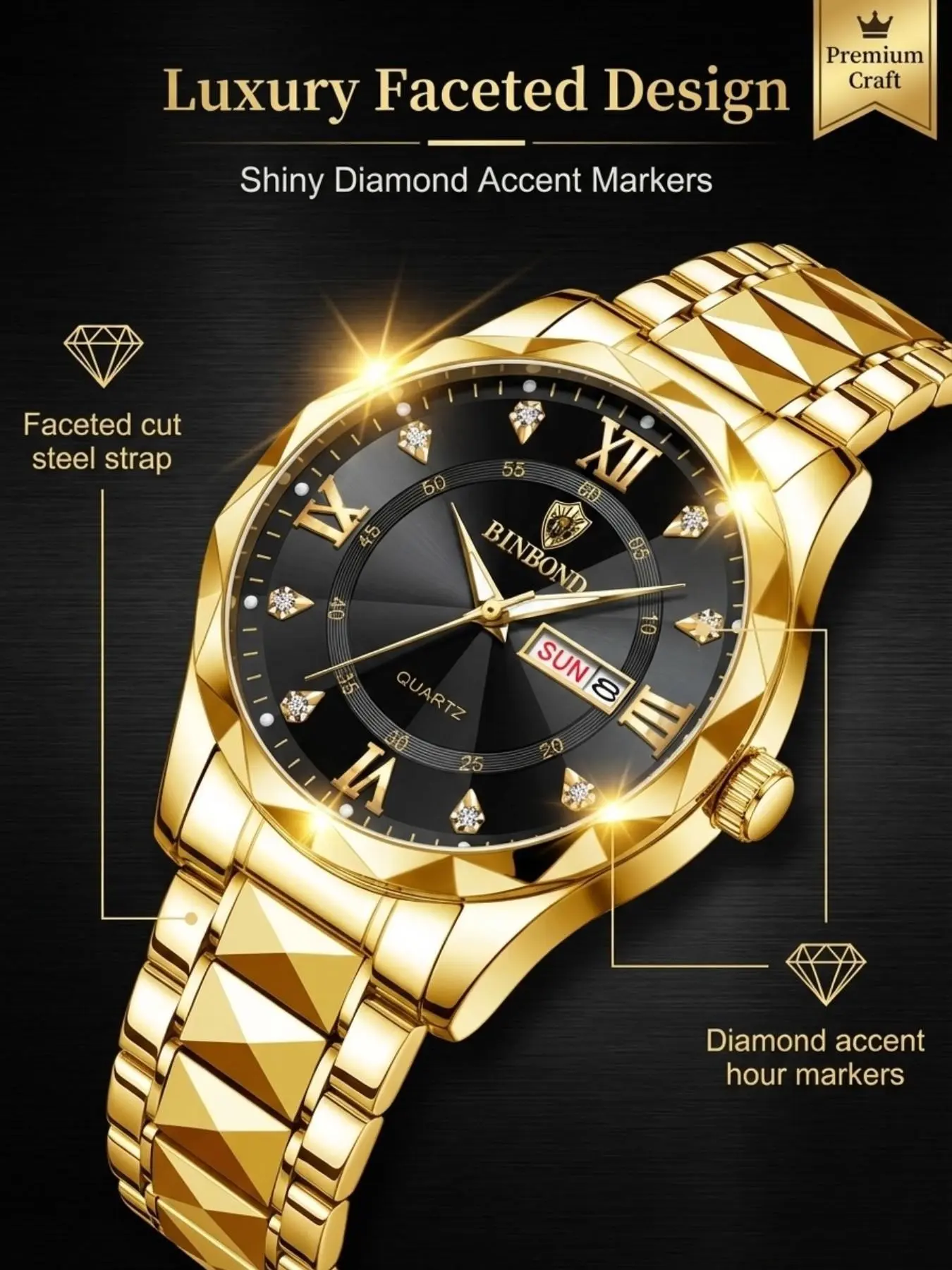 A men's gold new stainless steel trendy versatile multifunctional color diamond high-end quartz watch Quartz Analog Wristwatch