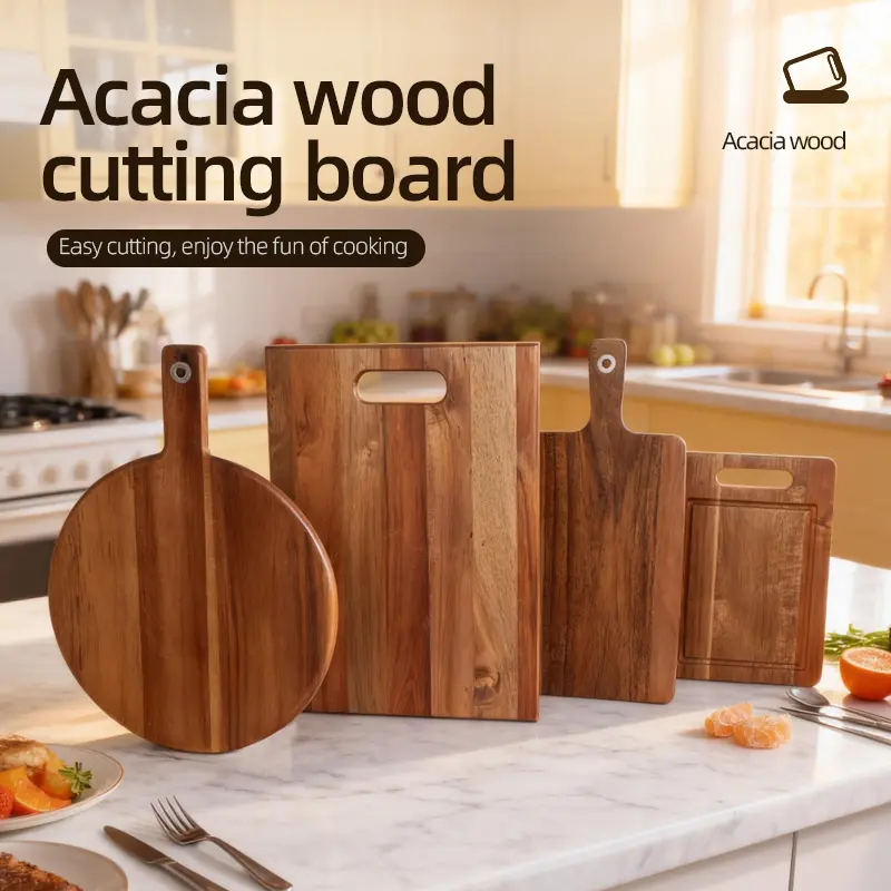 1 Pcs Acacia Wood Cutting Board with Handle, Round Pizza Board Serving Tray, Fruit Cheese Chopping Block, Home Kitchen Baking Food Display