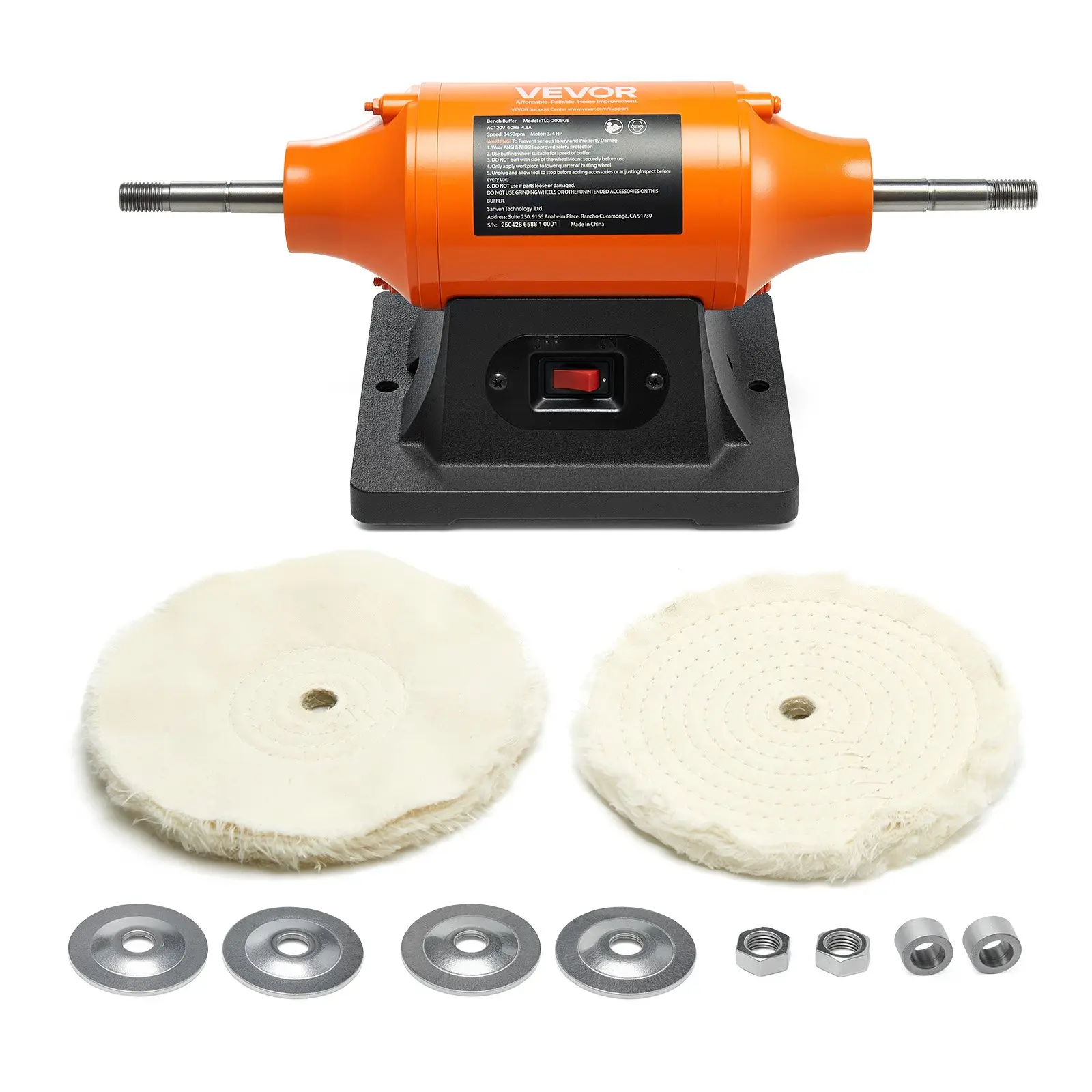 VEVOR 3/4HP 8-in Fixed Speed Bench Buffer Polisher, 3450 RPM Benchtop Machine with Cast Iron Base & 2 Dual Cloth Wheels for Metal, Jewelry Polishing