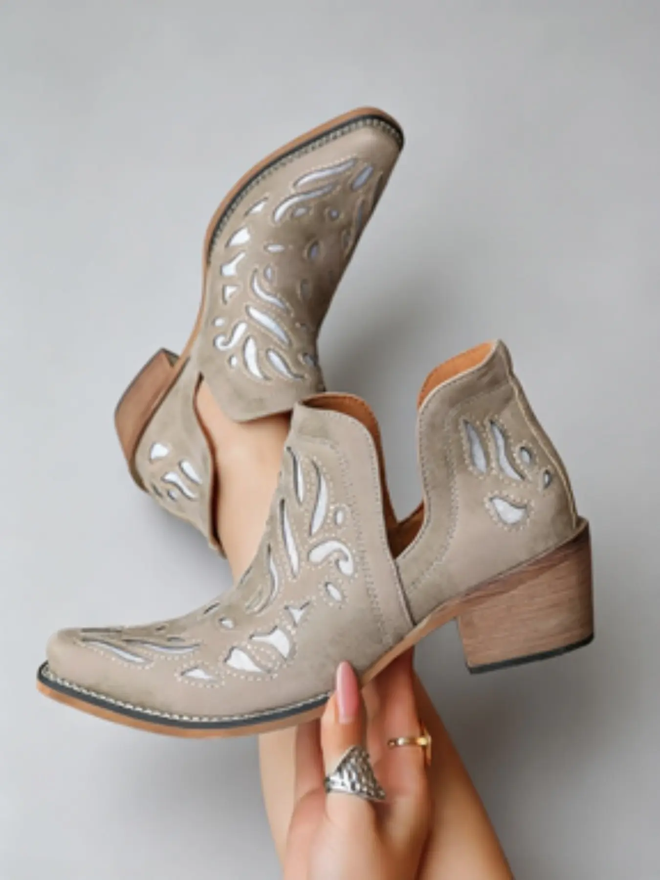V-Neck Hollow Out Sequined Denim Short Boots, Soft Padding Comfortable, Western Style, Cowboy Ankle Boots, Spring Summer Shopping Vacation