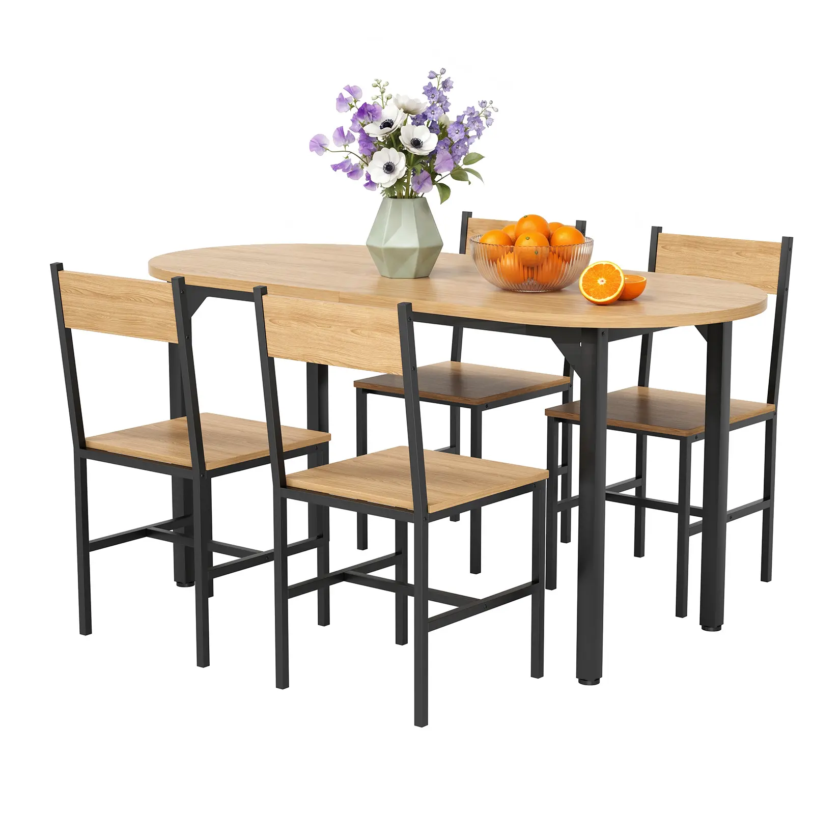 63" Oval Dining Table Set for 4-5 Piece Modern Dining Table Set for Kitchen and Dining Room Furniture, Wood Dining Table with 4 Chairs, PB/MDF & Steel Frame, Oak/Brown/Black