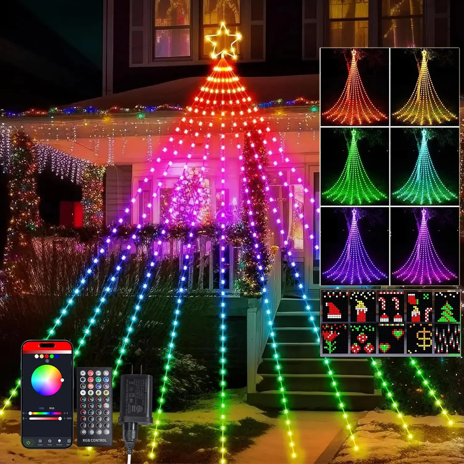 16.4FT Christmas Tree Decoration - 315 LEDs Customizable  Waterfall Tree Lights with Remote, Timer, App Control Christmas Tree Lights with  Sync for Xmas Yard Garden Party