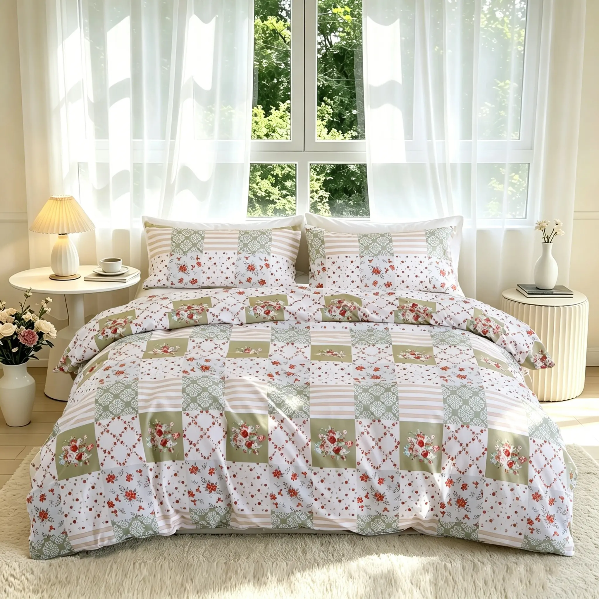 3-Piece Rose Patchwork Bedding Set, Soft Comfortable 1 Duvet Cover  & 2 Pillowcases, No Insert Bedroom Guest Room Use, All Seasons Perfect Gift for Valentine's Day and Birthdays, Floral Bedding Sets, Comfy Bedding Set