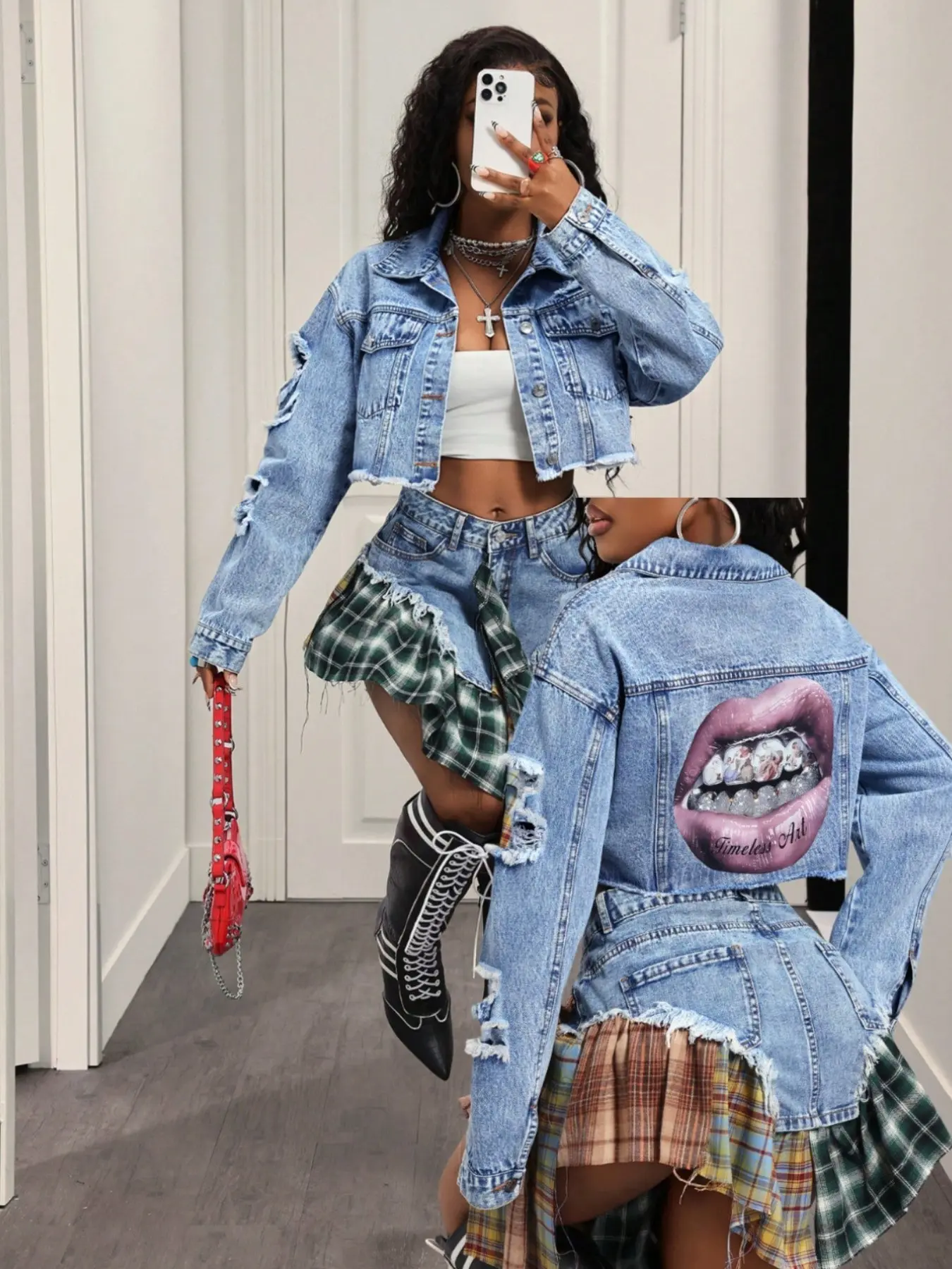 Trendy Short Denim Jacket for Women, Casual Ripped Hem Lip Print, Loose Fit Waist-Exposed Washed Denim Coat, Fashionable Outerwear