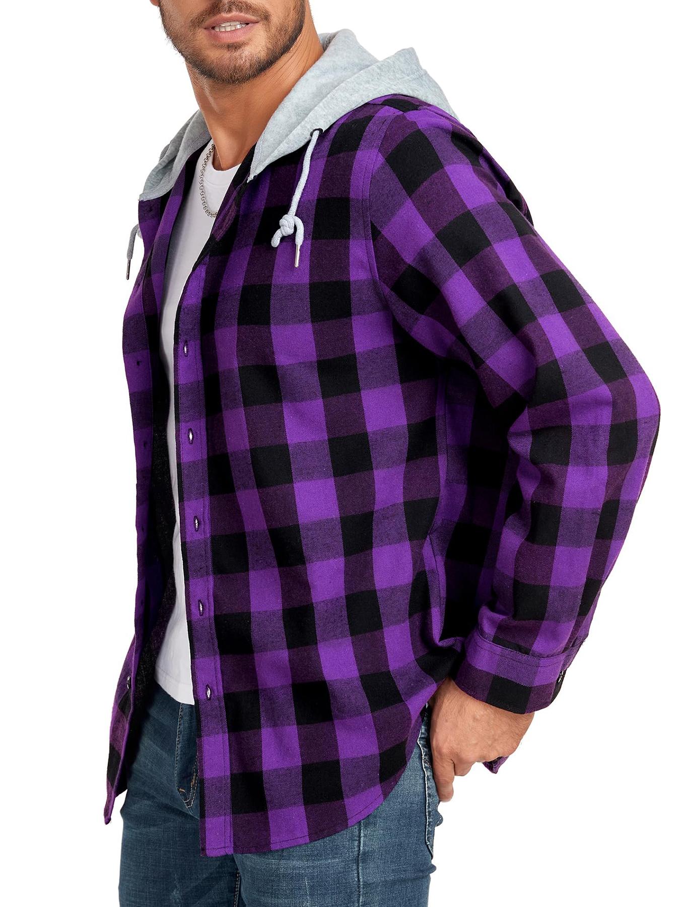 [Plus Size] Plaid Gingham Checkered Patchwork Button Front Hooded Jacket, Casual Streetwear Regular Fit Long Sleeve Drawstring Pocket Outerwear for Fall & Winter, Men's Clothes for Daily Wear Checked Fitted