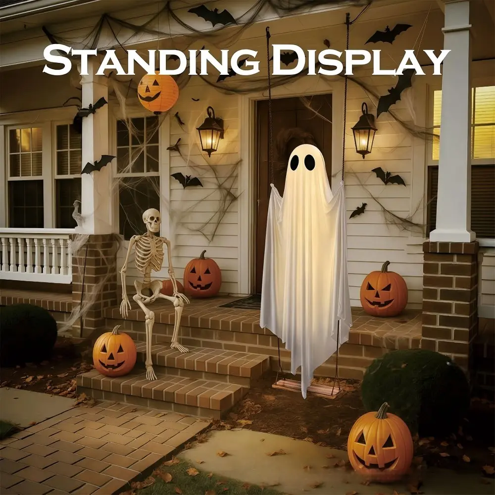 Halloween Glowing Swing Ghost Outdoor Hanging Decor, Remote Control 8 Light Modes, Cute Spooky Floating Ghost, Thick Wrinkle-Resistant Fabric