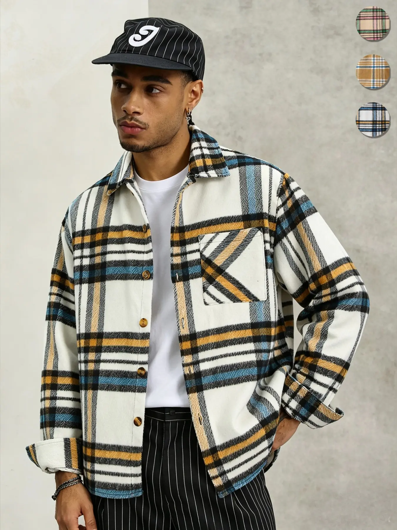 Soft Warm Flannel Men's Loose Plaid Shirt Jacket, Collar Full Button Front Roll Sleeve, Windproof Casual Outerwear for Teens