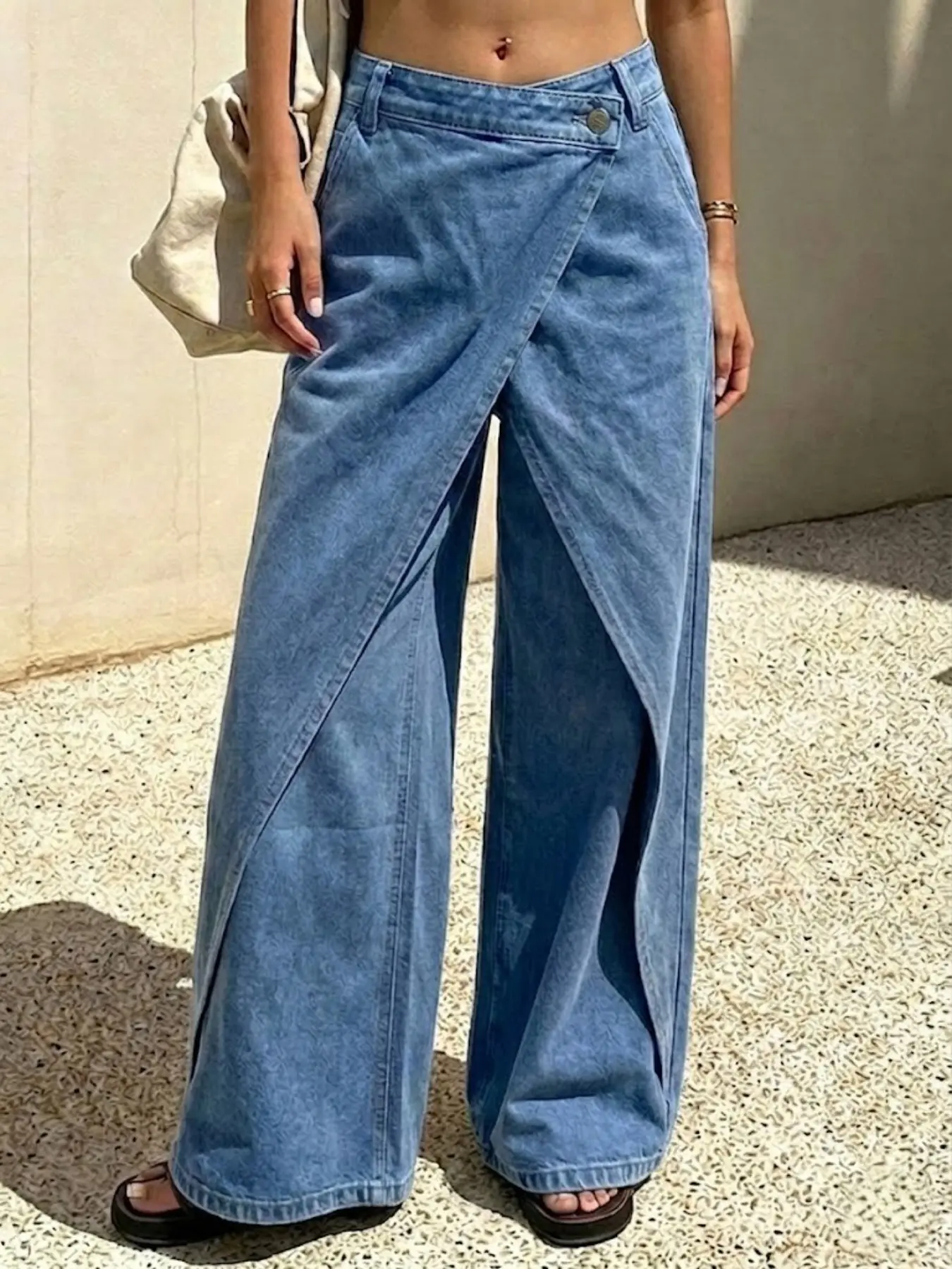 Women’s Non Stretch Denim Wrap Cross Front Wide Leg Jeans, High Waist Unique Split Design, Casual Street Pants for Everyday Wear