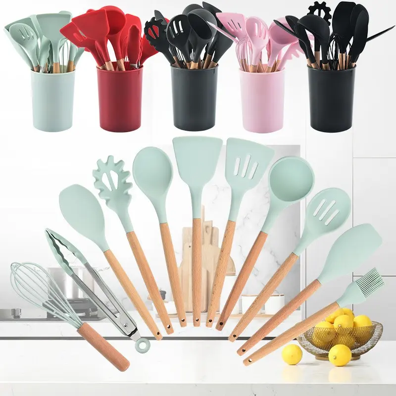 12-Piece Silicone Kitchen Utensil Set, Kitchen Cooking Utensils, Wooden Handles, Storage Holder, Nonstick Cookware Safe, Spatula Spoon Set, Durable & Heat Resistant