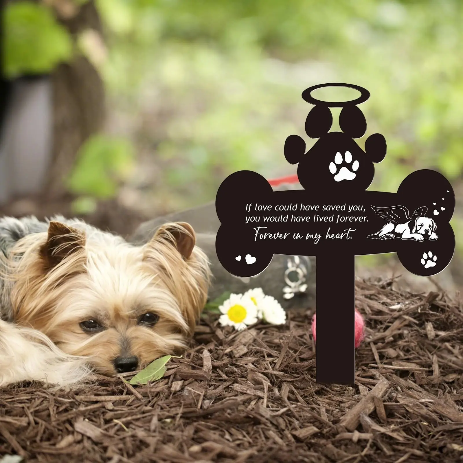 Dog Bone Shape Pet Memorial Wooden Outdoor Garden Stake, Angel Dog Forever In My Heart Wood Grave Marker, Loss of Dog Sympathy Lawn Cemetery Decor Pet Remembrance Keepsake Gift