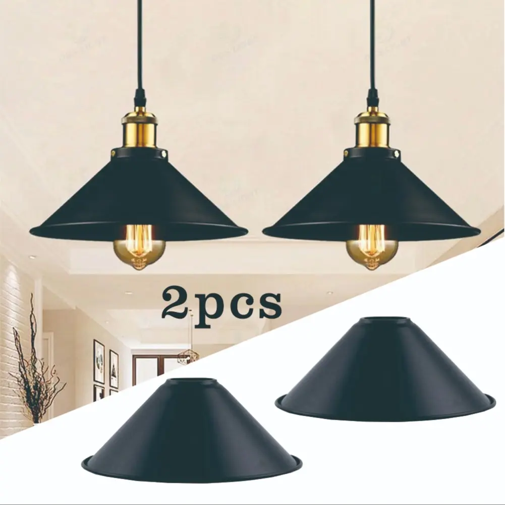 2 Pack Industrial Metal Lamp Shade, 8.66 & 10.23 Inch Cone Shade, Black Vintage Replacement Cover for Pendant Light, Ceiling Chandelier & Wall Lamp, Lighting Accessories, Light Covers