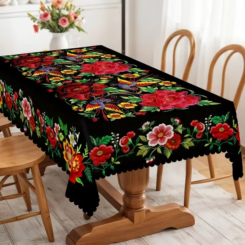2D Flat Party Tablecloth, Rectangular Mexican Style Floral Tablecloth, Polyester, Durable, Perfect for Kitchen, Parties, Holidays, All Seasons