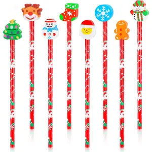 16 count Christmas Pencils  with Giant Eraser Topper Decorated with Santa Christmas Tree for Christmas School Party Favor Supplies Accessories Goodie Bag Stocking Filler