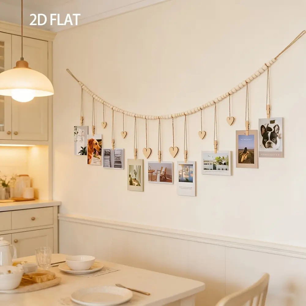 2D Flat - 1pc of a Bohemian-Style Photo Display Stand for Hanging Pictures, Suitable for Decorating Living Rooms, Bedrooms, And Classrooms. This Photo Holder Features White Wooden Beads, Clips, And a Heart Label, Making It Perfect for Wall Art