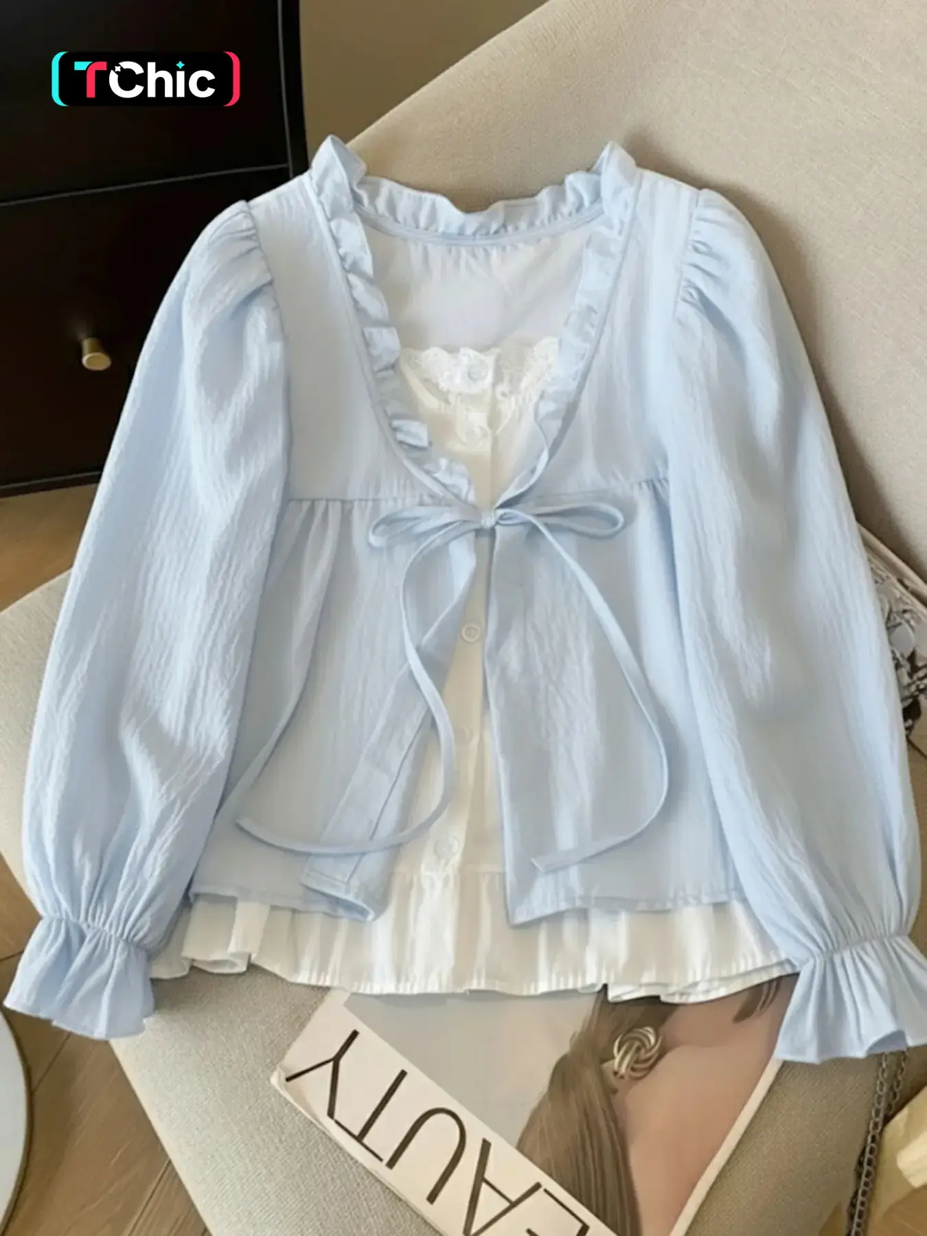 Bubble Sleeve Shirt Blouses with Ruffled Ruffle Edges, Loose-Fitting Solid Pattern Top, Fall & Winter Everyday Fashion, Unlined Clothing for Women