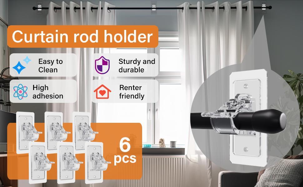 No Drill Needed Curtain Rod Holders, Enhanced Self Adhesive Rod Brackets, Multipurpose Nail-Free Stick on Curtain Rod Hooks, Curtain Hangers for Dorm, Bathroom, Bedroom, Livingroom Decor