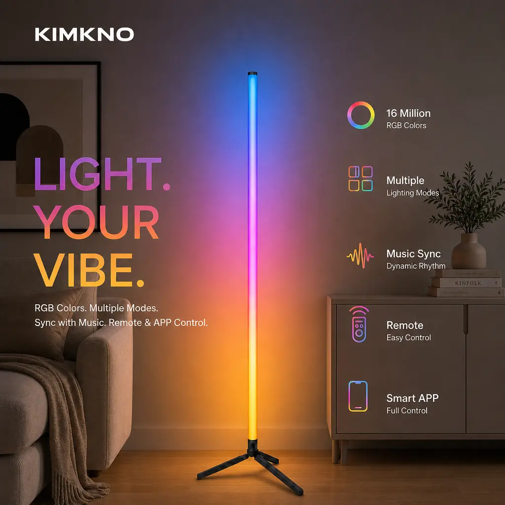 KIMKNO RGB LED Light Bar, USB-Powered Corner Floor Led Lights with Remote Control, 16M Color Music Sync Ambient Mood Decor, Modern Aesthetic Home Accent, Trendy Gift for Teens