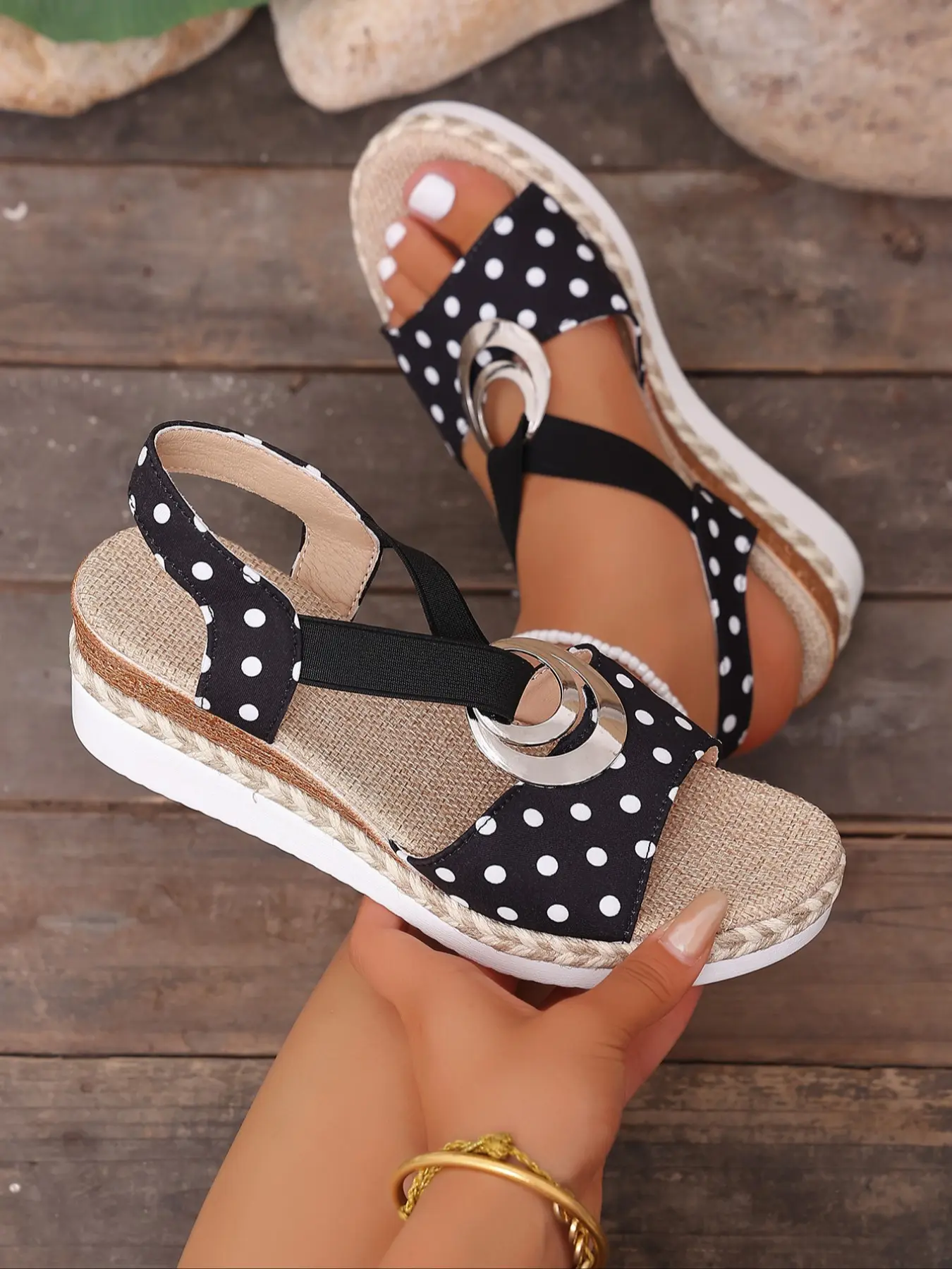 Women's Polka Dot Print Wide Strap Metal Circle Ornament Elastic Slingback Strap Straw Wrapped Layered Wedge Platform Sandals, Linen Breathable Insole Summer Beach Vacation Walking Casual Sandals