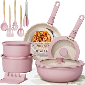 21 Pcs Pots and Pans Non Stick Ceramic Cookware Set, Detachable Handles, Kitchen Cooking Set, Oven Safe, Induction Ready, Stackable, PinkAB16BoltCraft