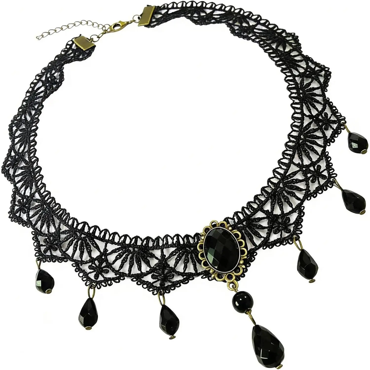 Women's Black Gothic Vampire Lace Rose Choker Necklace - Adjustable Size, Tassel Detail, for Halloween Dark Bridal Costume Wear