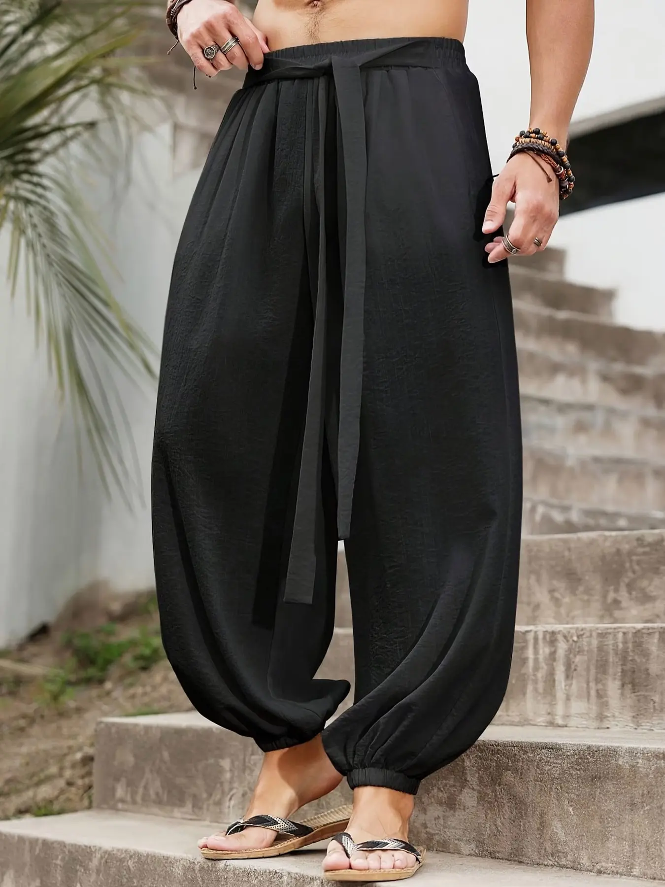 Men's Thin Tie-Back Lantern Pants, Breathable Pleated Loose Harlan Pants, Beach Vacation Sand Outdoor Travel Versatile Casual Men's Pants, Trouser, Casual Trousers