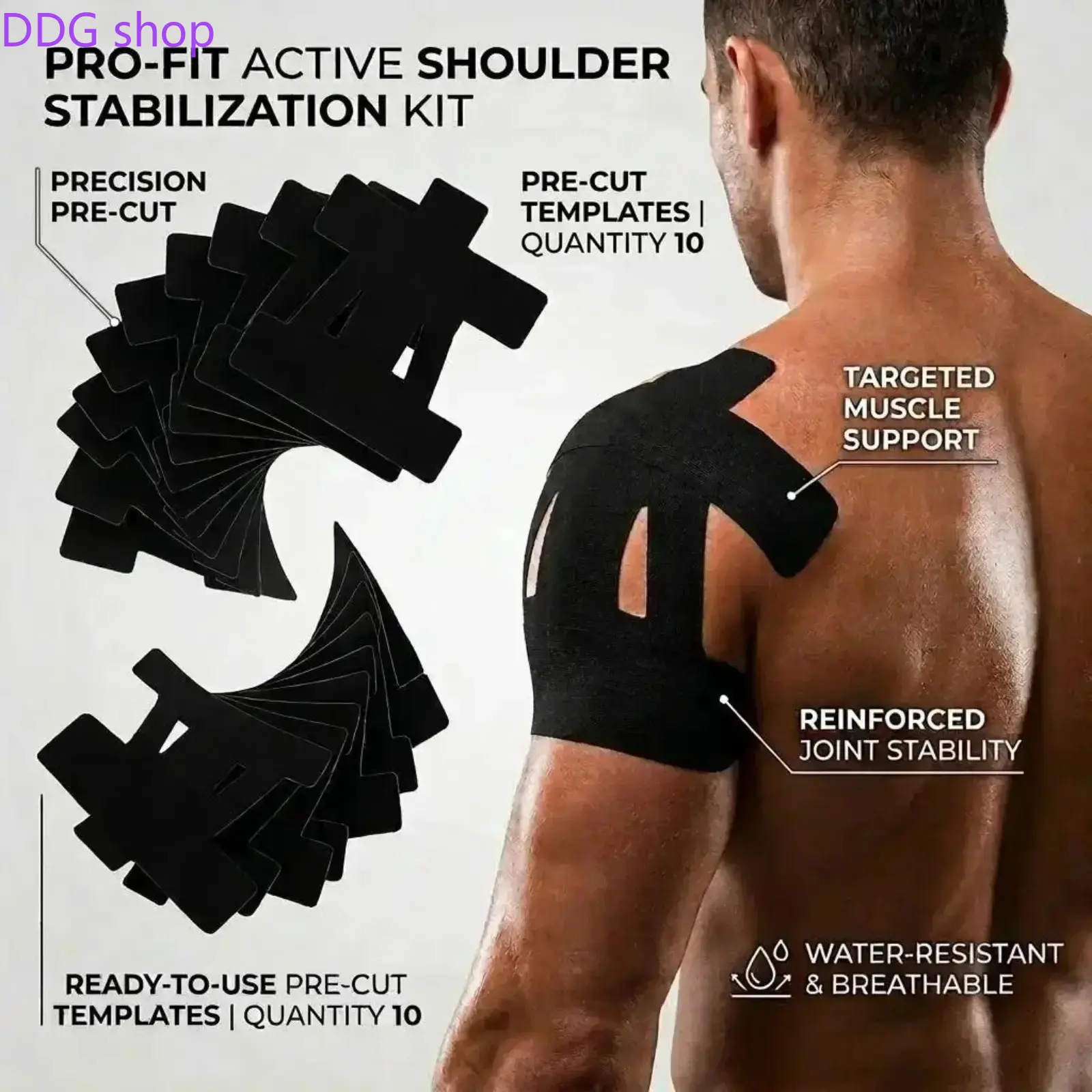 Pre‑Cut Kinesiology Athletic Tape for Shoulder Pain Relief & Support, Waterproof Breathable High‑Elastic Sports Muscle Tape, Ideal for Workout, Fitness Training, Injury Recovery & Daily Shoulder Care (Black)