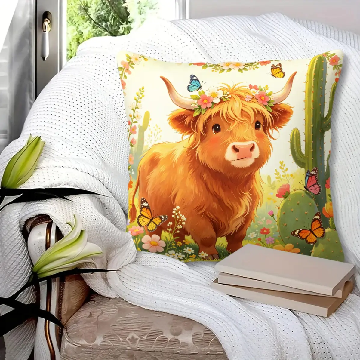 Cute Highland Cow Series Throw Pillow, Washable Fade-Resistant, Cozy Decor Cushion for Sofa & Bedroom (With Pillow Core)