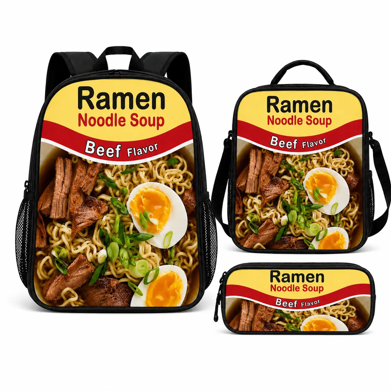 3PCS Ramen Noodle Soup Backpack Set, Beef Flavor Food Print School Bag with Matching Lunch Bag and Pencil Case, Lightweight Student Bookbag for Boys Girls, Novelty Travel Daypack with Side Mesh Pocket, Back to School Gift 2026