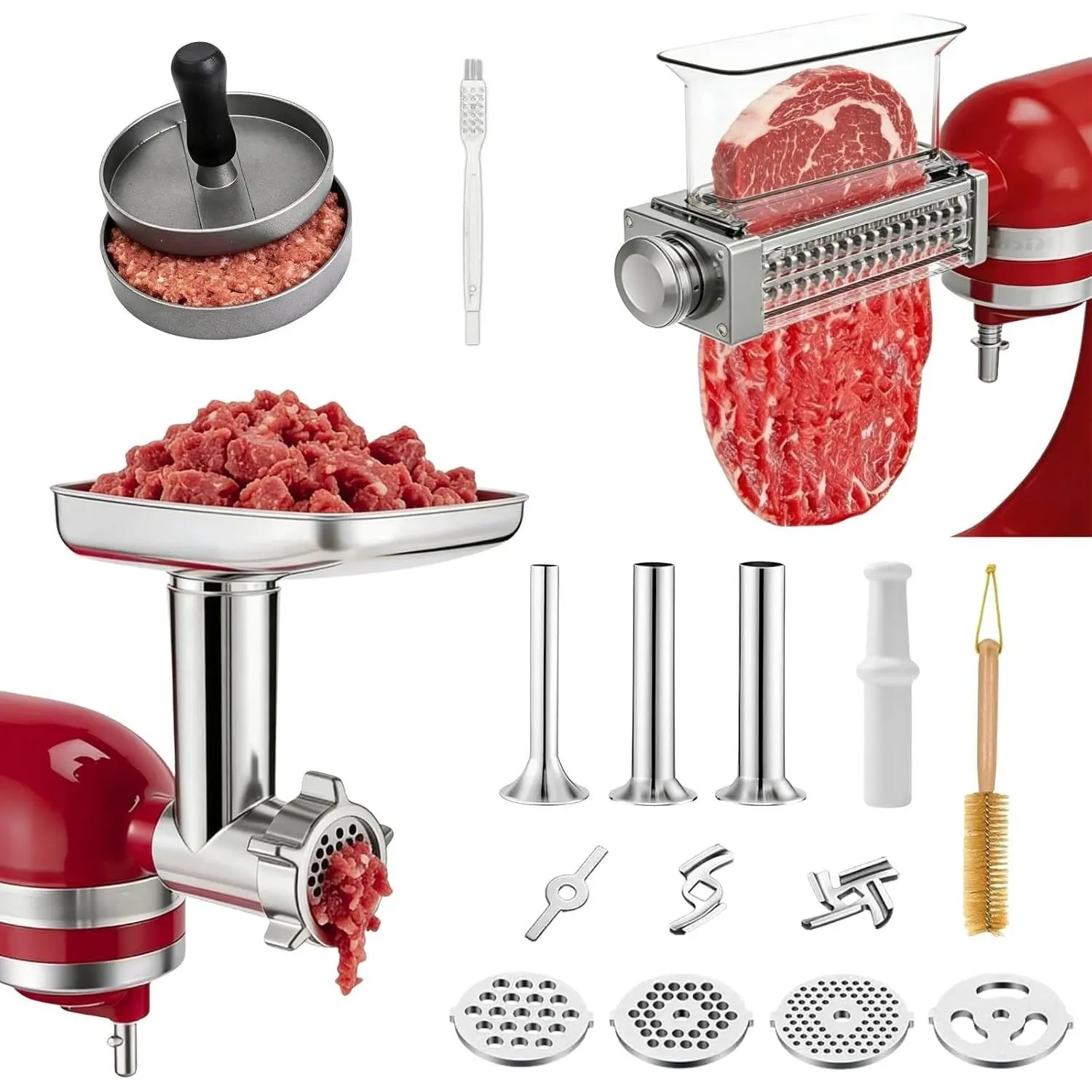 Meat Grinder & Meat Tenderizer Attachments Compatible with KitchenAid Stand Mixer, 3 Adjustable Thickness - Includes 4 Grinding Plates, 3 Sausage Stuffer Tubes & Burger Press