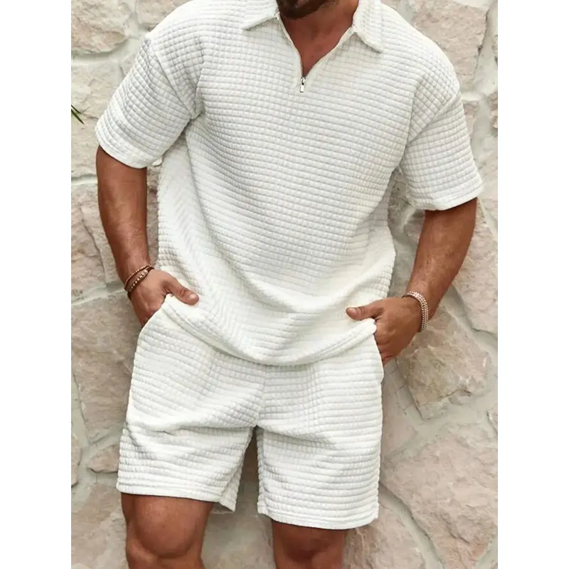 Men's Solid Color Plain Short Sleeve Knit Polo Shirt & Shorts Matching Set, Loose Casual Fashion Cozy Breathable Two-piece Outfits for Summer, Men's Clothes for Daily Wear Menswear