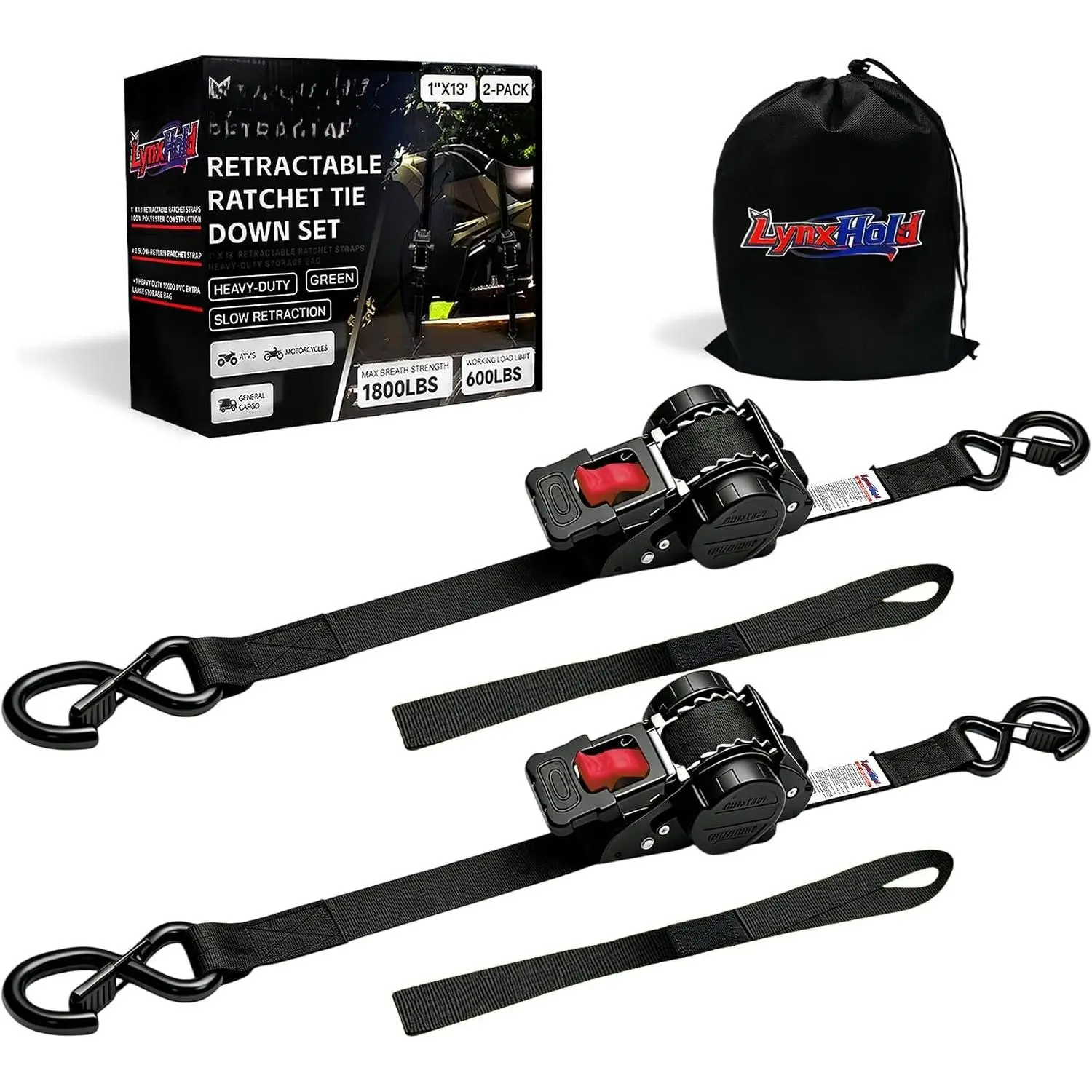 Retractable Ratchet Straps 1" x 13 Ft, Bolt-, 1,800 Lbs, Black, 2 Pack | Heavy Duty Tie Downs, Auto Self Retracting Design, Secure Cargo, For , , , ATVs and UTVs