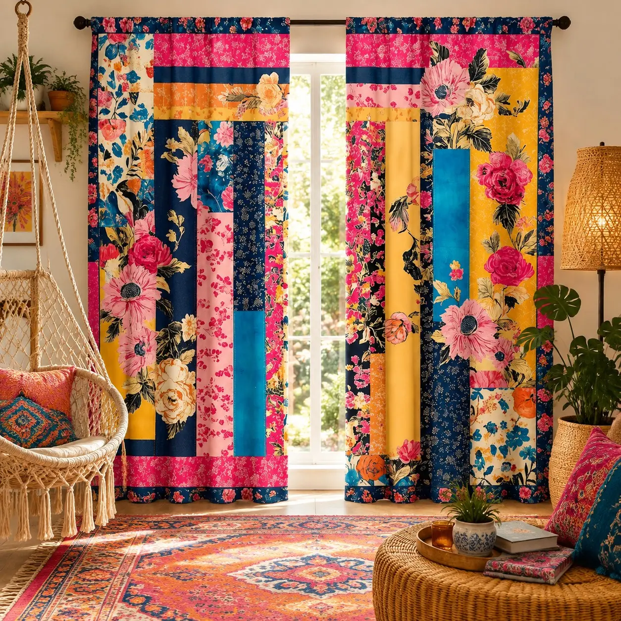 2 Piece Floral Patchwork Curtains, Bohemian Style Semi-Sheer Colorful, Polyester Rod Pocket Decorative Curtains for Living Room Bedroom Party