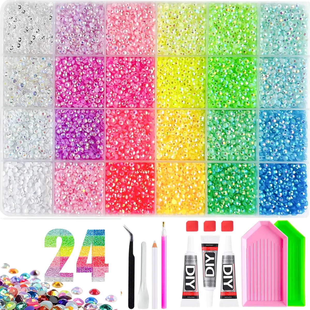 Shiny Sparkling 24 Colors Iridescent Resin Rhinestone Kit with All Accessories Shown in Picture, All-in-One DIY Craft Supplies。It is an essential product for DIY craft lovers and home crafters.Y can create beautiful rainbow handmade designs easily at home