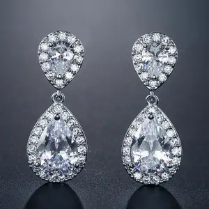 ZAKOL Women's Classic Water Drop Cubic Zirconia Dangle Earrings, Crystal Effect Halo Cluster Ornate Simulated Crystal Wedding Party Costume Jewelry, Crystal Effect Earrings, Halo Cluster Earrings