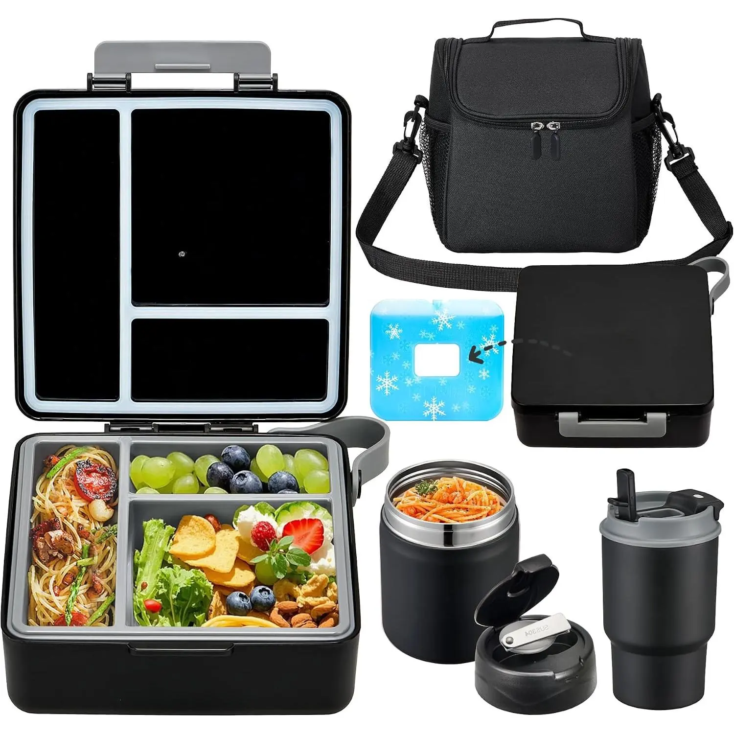 Bento Lunch Box for  with 17oz Soup Thermo,Insulated Tumbler Water Bottle and Insulated Lunch Bag,Leak-Proof 3 Compartment Lunch  Container with Ice Pack for  to School-Black