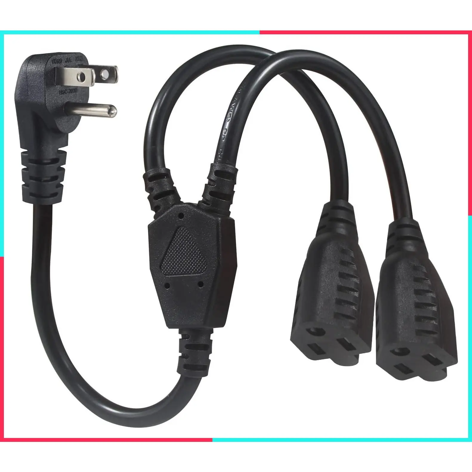 Power Cord Extension Y Splitter - 1 to 2 Way Outlet Adapter NEMA 5-15P 90-Degree Flat Plug to 2 NEMA 5-15R with SJT 16AWG 3-Prong Cable Wire Extender Space Saver for Kitchen Home Office