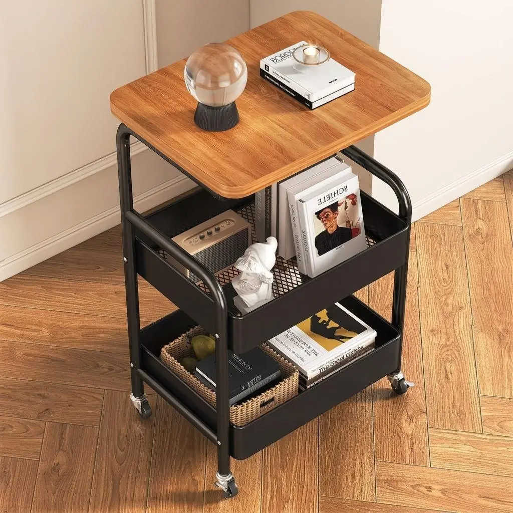 3-Tier Versatile Rolling Utility Cart Table with Wooden Tabletop and Sturdy Metal Frame, Lockable Wheels Space Saving Multi Purpose Storage Organizer for Kitchen Bathroom Office Living Room