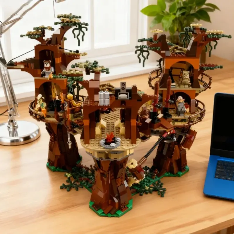 1990 Large Tree House Village Building Blocks, Wild Jungle Tribe Style, Detailed Swing Bridge Campfire, Immersive Assembly Model Toy