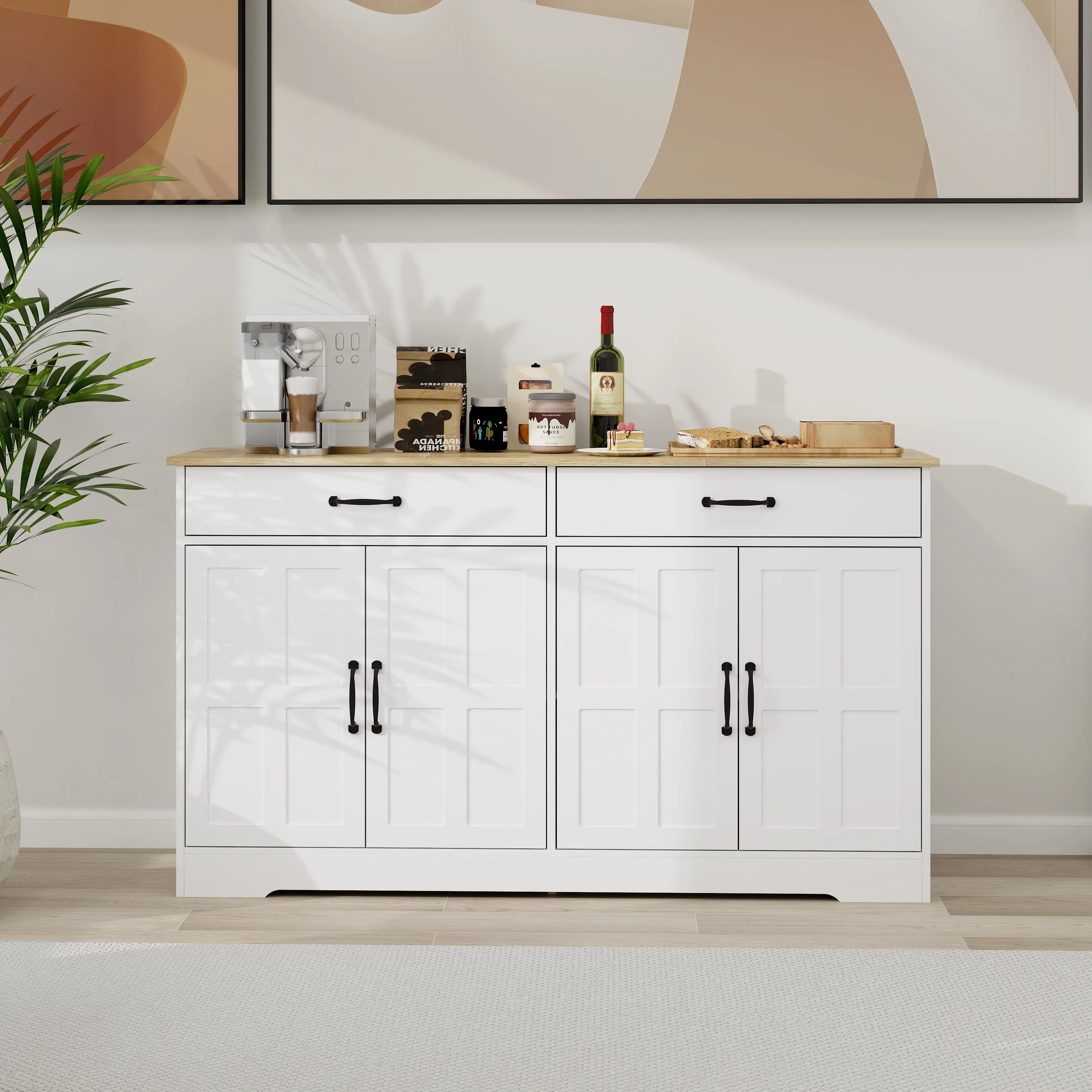 Nokaa 55.91" Farmhouse Buffet Sideboard Cabinet with 2 Drawers and 4 Doors, White MDF Storage Cupboard for Dining Room, Living Room, Kitchen, Entryway, Home Organizer with Shelves, Multiple Options