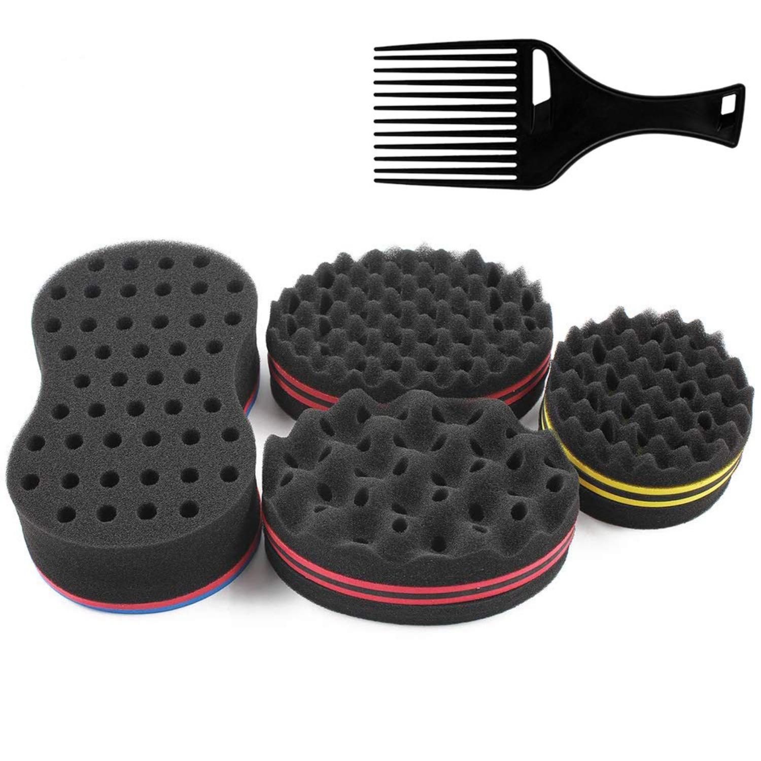 5Pcs Black Big Holes Magic Sponge Brush Set for Wavy,Coils,and Afro Hair-Hair Care Tool for Men and Women,Hair Brushes,Hair Styling Tools Set,Hand Tools Kits