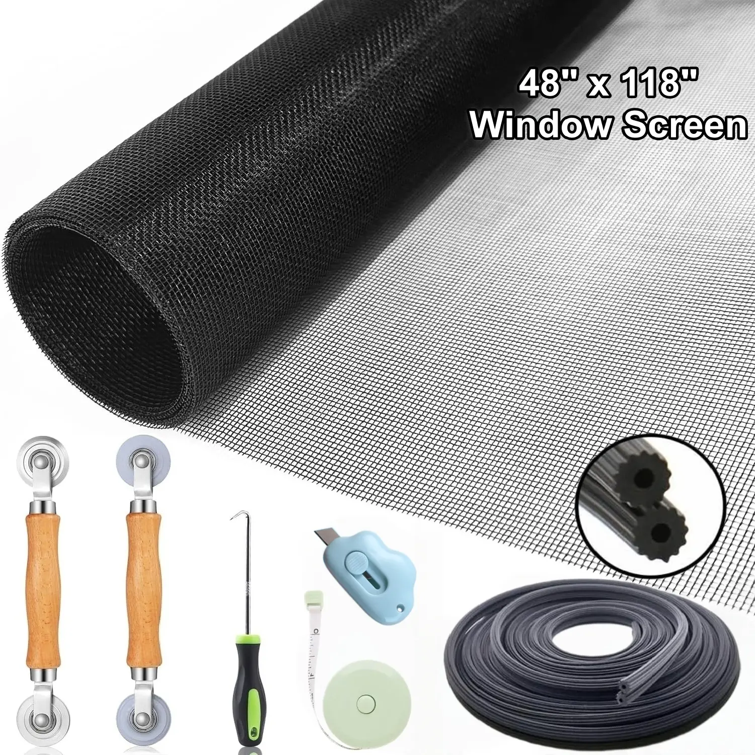 7pcs Window Screen And Repair Kit, 48" x 118" Black Fiberglass Mesh With Rolling Tool/Hook/Ruler/Cutter/Spline For Window Door Screen Replacement