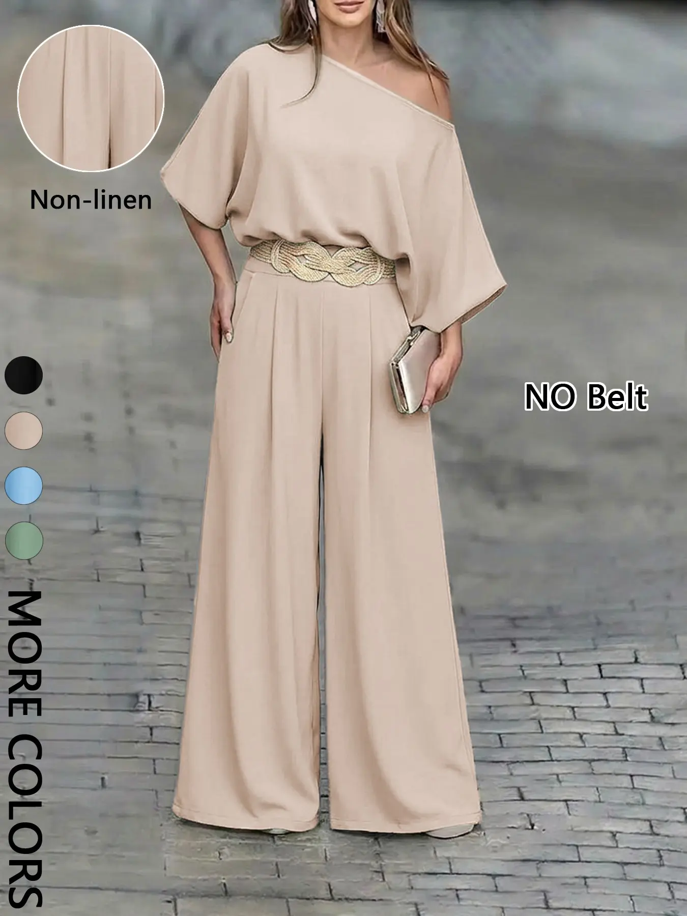 Women's Asymmetric Batwing Sleeve Top and High-Waisted Wide-Leg Palazzo Pants Set, Casual Loose-Fitting Baggy Outfit without Belt, Spring & Fall Fashion Clothes